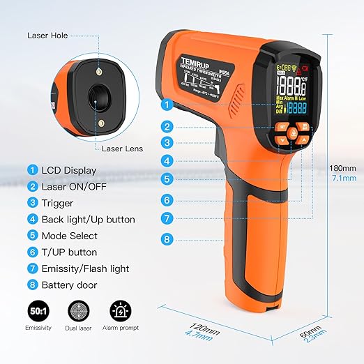 Infrared Thermometer Temperature Gun,-40℉~2912℉ Pyrometer, 50:1 High Temp Thermometer with Thermocouple Probe, Non-Contact Digital IR Laser Thermometer for Industrial HVAC Forge Metal