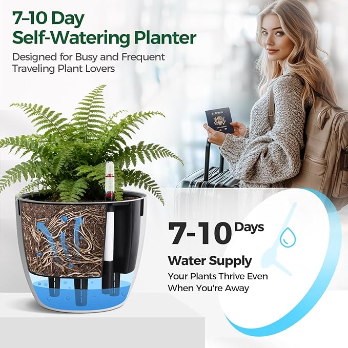 T4U Self Watering Pots for Indoor Plants, 7 Inch Self Watering Planters with Water Level Indicator, Bottom Watering African Violet Pots for Beginners & Busy Plant Owners, BPA-Free (2 Pack, White)