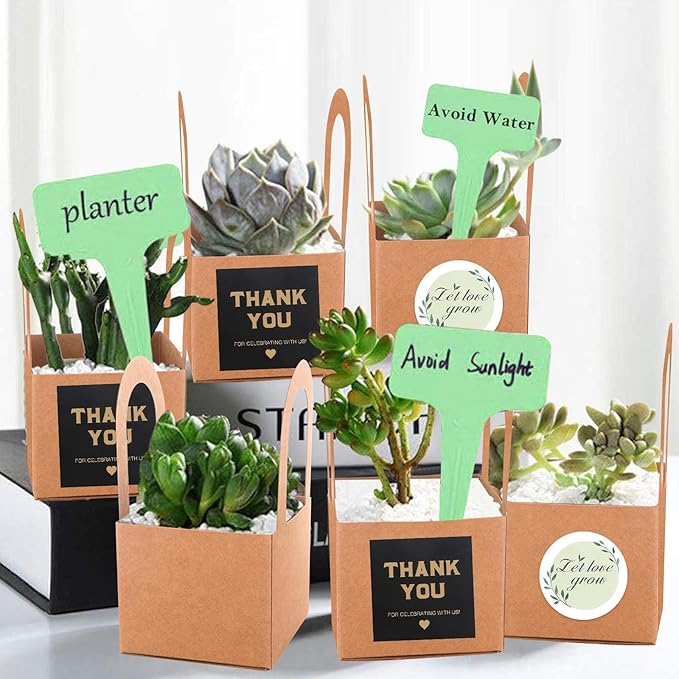 60 Pcs Succulent Wrap Bags Bulk 2.75 Inch Mini Kraft Paper Succulent Wrap Bags with Handles & Thank You Stickers for Wedding Baby Shower Succulent Party Favors for Guests