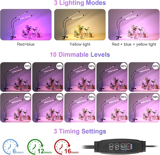 Black 2-Tube Clip-On Grow Light with Red/Blue/Yellow LEDs, Full Spectrum, 6/12/16H Timer, 3 Modes & 10 Dimmable Levels, for Indoor Plants (8W) (1 Pack)