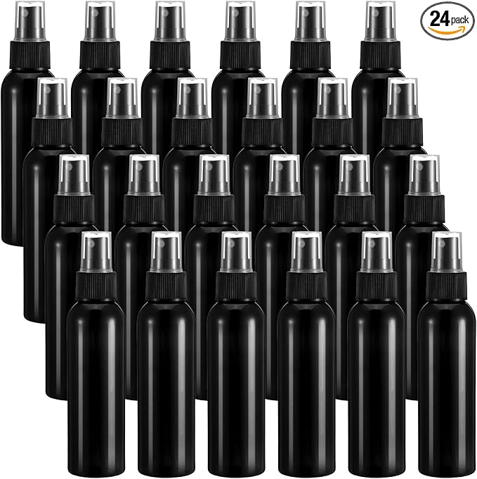 24 Pack Black Empty Spray Bottles, 4oz Plastic Fine Mist Spraying Bottles Small Refillable Sprayer Liquid Containers Portable Misters with Cap Travel Bottle for Perfume, Cleaning, Essential Oil ﻿