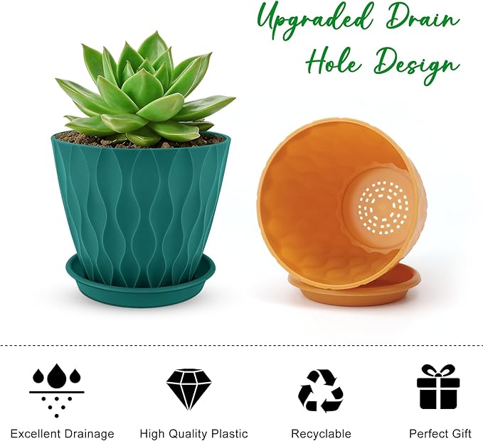 YNNICO 4 inch Plant Pots, 6 Pack Flower Pots Outdoor Indoor, Planters with Drainage Holes and Tray Saucers-Multicolor