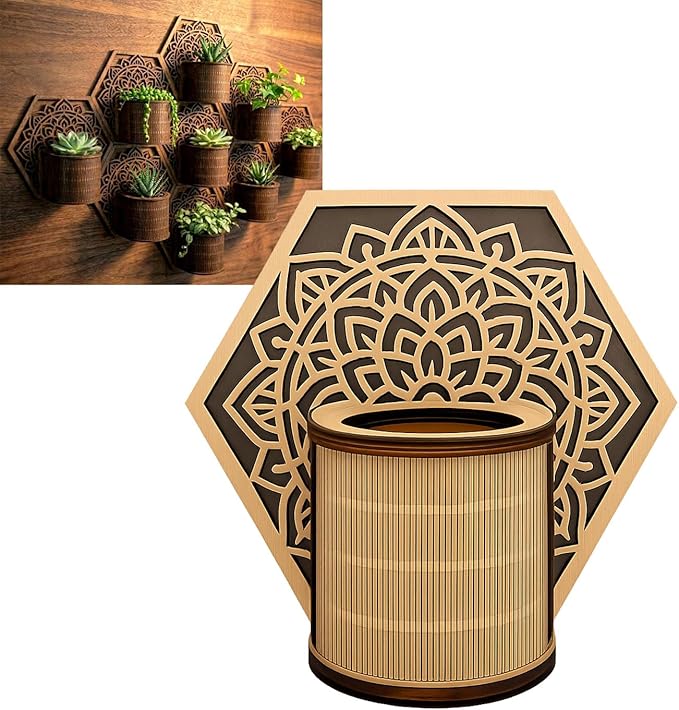 Mandala Style Hexagonal Wall Planter Set - 3D Laser-Cut Wood Vertical Garden for Succulents and Herbs - Unique Geometric Wall Decor for Indoor Plants (1pc)