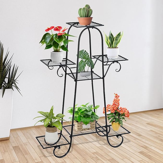 Metal Plant Stand Indoor & Outdoor Wrought Iron Plant Stands Flower Pot Holder Shelf for Multi Plants, Flower Holder Racks for Patio Garden, Living Room, Corner Balcony (7 Tier)