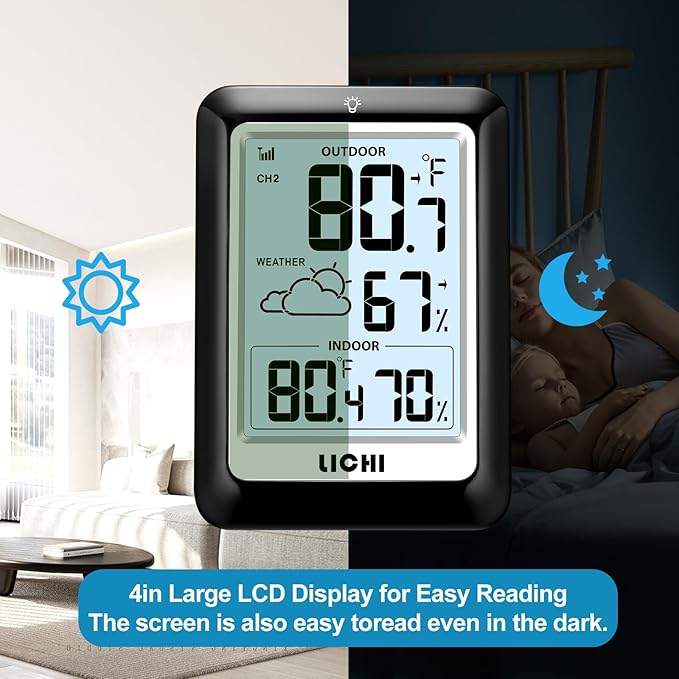 Indoor Outdoor Thermometer Wireless Weather Station, Internal External Thermometer Hygrometer, Home Batteryoperated Temperature Humiditymonitors330 Feet (About 100 Meters) Backlight Display (Black)