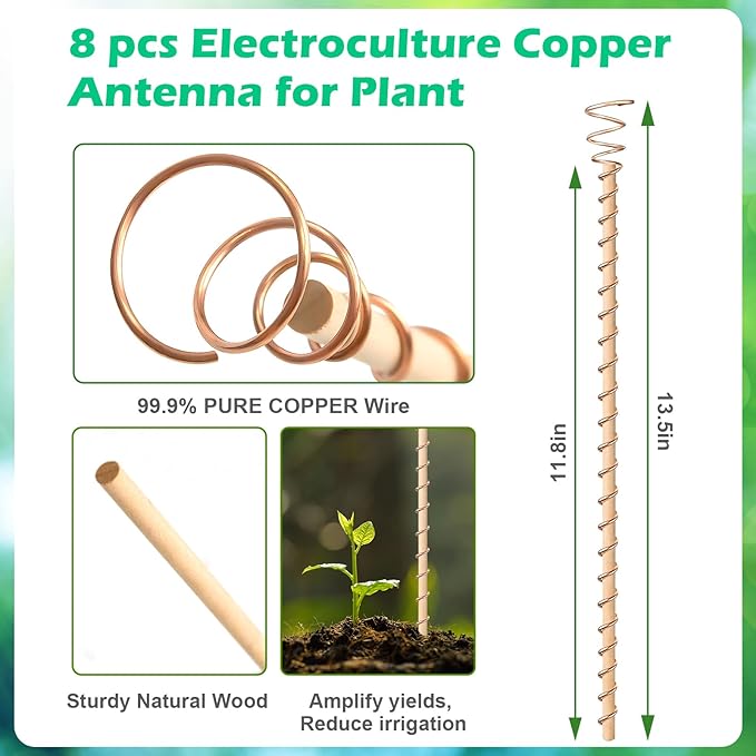 8pcs Electroculture Plant Stakes, 13.5'' Copper Coil Wire Antennas Garden Stakes, Tensor Rings Kit, Copper Rods Electronic Planting for Growing Vegetable Garden Plants Support Outdoor Indoor