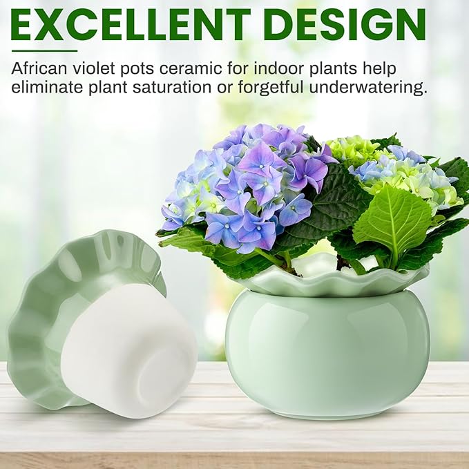 Suclain 2 Pack Ceramic African Violet Pots Self Watering Plant Pot Effortless Self Watering Plant Flower for Busy Lovers, Indoor(Green,6 Inch)