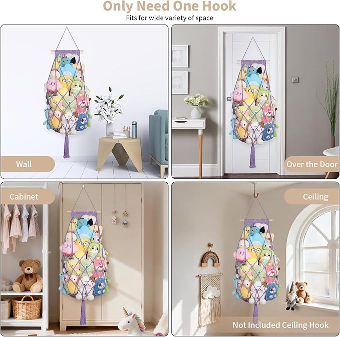 Stuffed Animal Storage Hammock Corner, 70 Inch Jumbo Macrame Stuffed Animal Net Toy Hammock, Wall Ceiling Hanging Plushies Teddy Bear Storage Organizer for Kid Boho Nursery Decor Gift (Purple)