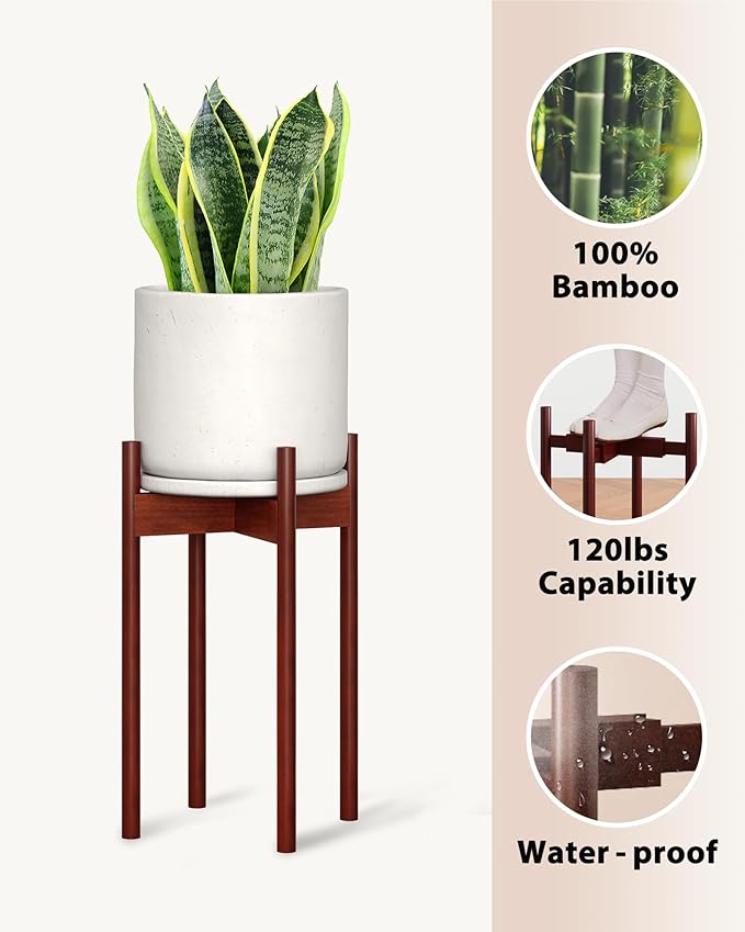 GENTINGBRO Adjustable Plant Stand Indoor, Bamboo Plant Stand Fits 8 9 10 11 12 Inches, Small Corner Planter Holder for Indoor Plants, Single Floor Plant Stands for Living Room Balcony, Reddish Brown Tall