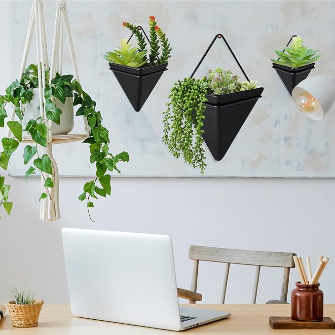Rtteri 15 PCS Black Wall Hanging Planter Set with Artificial Succulents, 3 Ceramic Geometric Wall Planters in 3 Sizes, Modern Indoor Decor for Living Room Bathroom Office