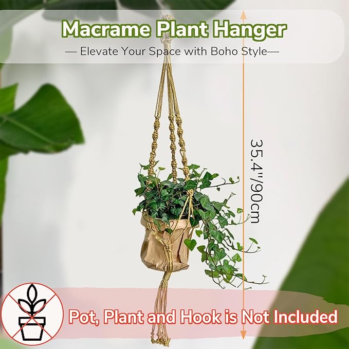 Nomylunota Macrame Plant Hanger with Boho Beads Handmade Hanging Planter Crochet Plant Holder(35.4 inches,2 Yellow)