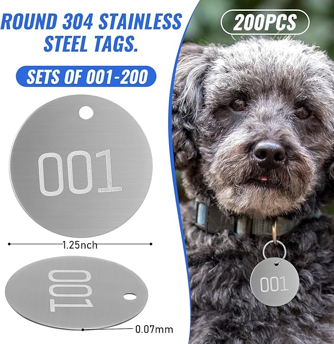 Round Tag 1-1/4 Inch Small Circle Metal Tags Number Options 001-050 Stamping Tag with Hole for Pets, Plants, Doors (200 Pieces)