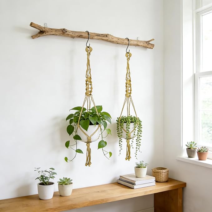 Nomylunota Macrame Plant Hanger with Boho Beads Handmade Hanging Planter Crochet Plant Holder(35.4 inches,2 Yellow)