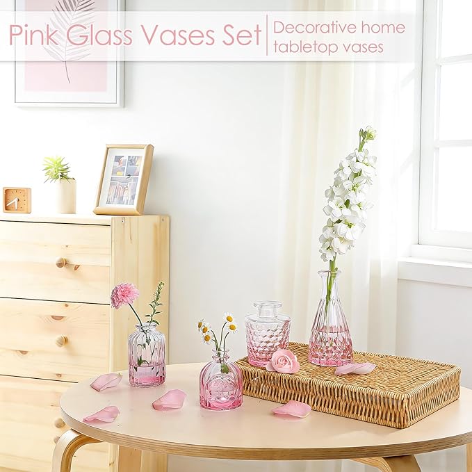 TBWIND Pink Glass Bud Vases Set of 12, Vintage Mini Vases for Centerpieces, Glass Bud Vase in Bulk for Wedding Decor, Single Flowers, Office and Home Table Flower Décor