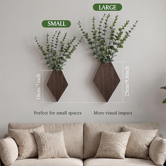 Chunful 2 Pcs Wooden Wall Planter Decor Hanging Fake Plants Greenery Flowers Holder Vase Boxes for Wall Bohemian Farmhouse Room Kitchen Office Indoor Decoration(Brown,7.1 x 4.7 x 1.2 Inches)