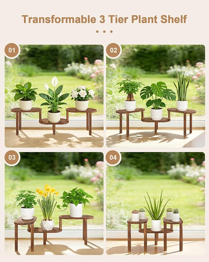 Concave Wooden Plant Shelf Indoor, 3 Tiers Deformable Oval Plant Stand, Heavy Duty Long Flower Pot Stand for Multiple Plants, Low Plant Holder for Patio Balcony Living Room Office