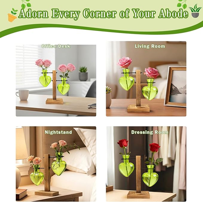 XXXFLOWER Plant Terrarium Wooden Stand, Hydroponic Planter Bulb Glass Metal Swivel Holder Retro Air Plants Water Plants for Home Office Decoration Gifts for Plant Lover Mom- 2 Green Love Bulb Vase