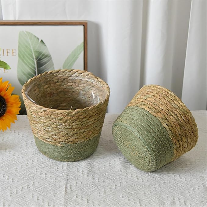 Seagrass Planter Basket Small Size Wicker Storage Basket with Plastic Liner Hand Woven Rattan Flower Pot Rustic Boho Plants Container for Home Farmhouse Indoor Outdoor (Large)