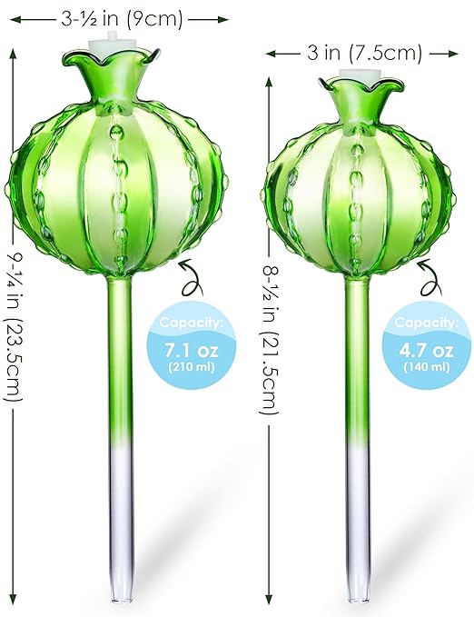 NiHome Cactus-Shaped Glass Plant Self-Watering Globes 6-Pack, Glass Waterer Stakes for Potted Plants, Automatic Mini Irrigation System, Adorable Gardening Tool (Green, 3 Large + 3 Medium)