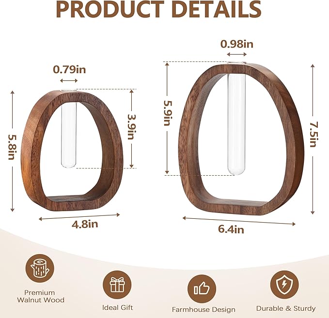 Houmury Walnut Wood Propagation Station Set of 2 Hydroponic Glass Test Tube Vases 7.5” & 5.8” for Plants Cuttings Modern Farmhouse Table Centerpieces for Home Office Desk Decor