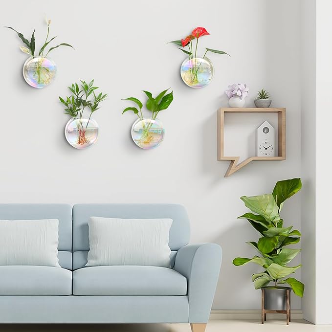 Kingbuy Wall Hanging Glass Planters Propagation Station - 4 Pack Iridescent Oblate Globe Flower Vases for Air Plants, Glass Terrariums with Floating Holders, Boho Indoor Hydroponic Home Office Decor