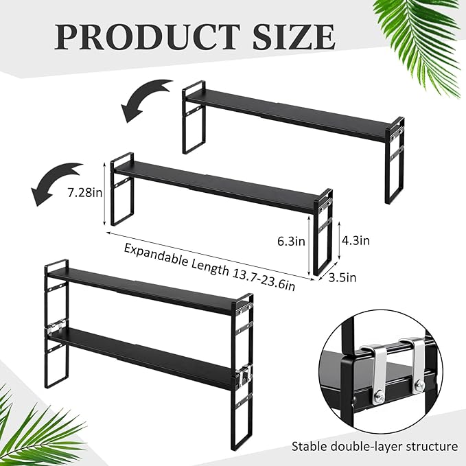 2 Pcs Expandable Window Sill Plant Shelf, 13.7 x 3.5 x 7.28 Inches, Stackable Narrow over The Sink Shelf, Adjustable Height Metal Window Sill Extender Shelves for Kitchen Bathroom (Black)