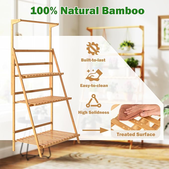 Giantex Plant Stand Indoor Outdoor - Bamboo 3-Tier Hanging Tall Ladder Flower Pot Display Organizer Rack w/Height Adjustable Rod, Folding Plant Shelf Holder for Living Room Corner Patio Garden Balcony