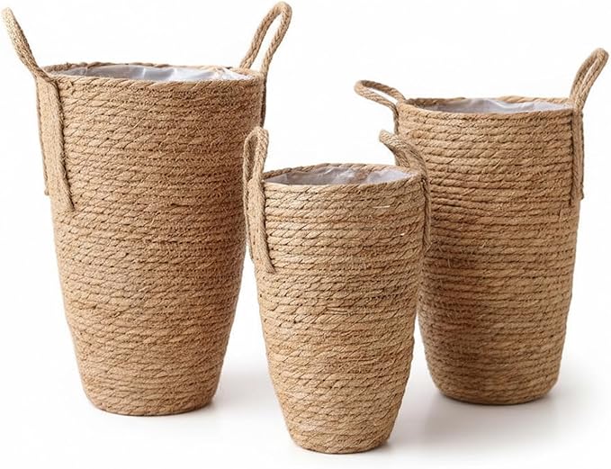 3PCS Rattan Planter, 3 Sizes Seagrass Woven Plant Basket with Waterproof Liner, Plant Baskets Indoor with Handle for Balcony Home Decoration
