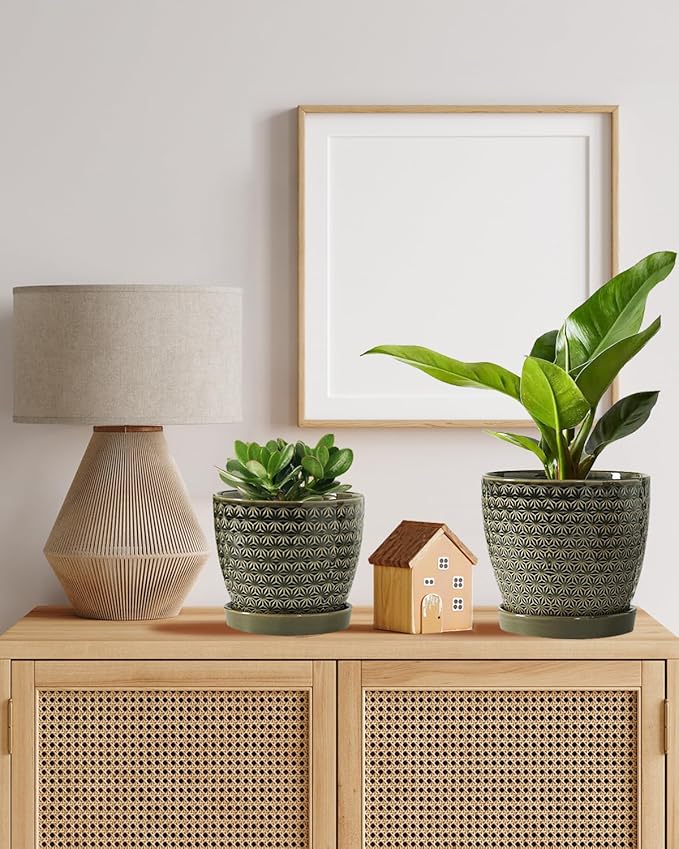 Plant Pots, Flower Pots, Planters for Indoor Plants(6.5+5.5inch), Flower Pots for Indoor Plant with Drainage Hole and Saucer, Ceramic Pots for Plants with Hole Mesh Pad,Reactive Glaze Green