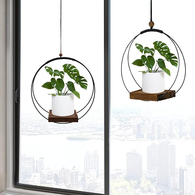 hismocal 2 Pack Hanging Planter for Indoor Plants, Black Plant Hanger with Sturdy Wood Base, Modern Boho Macrame Hanger, Wall Ceiling Window Planter (Plants/Pots Not Included)
