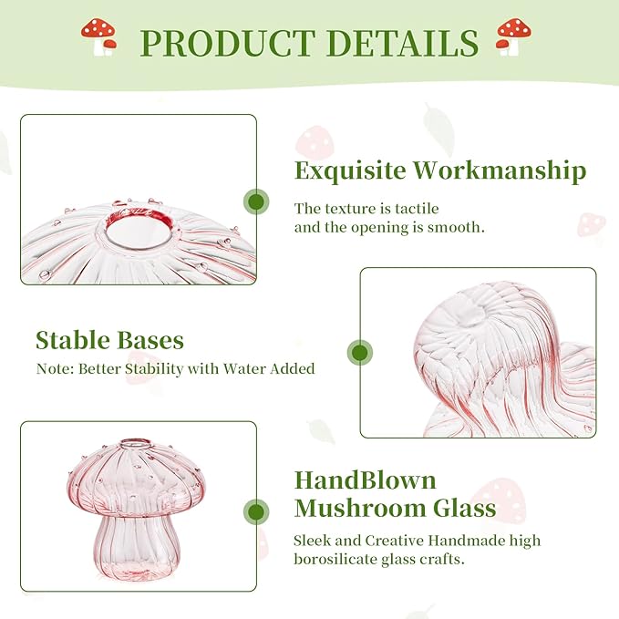 Glasseam Mushroom Flower Bud Vases: Set of 5 Cute Colored Glass Small Vase for Flowers, Unique Aesthetic Decorative Vases for Home Decor, Hydroponic Plant Vase Indoor for Dining Room Centerpieces