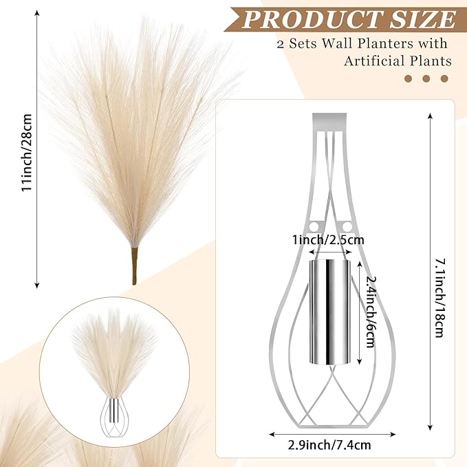 Otoolling 2 Pieces Hanging Plant Wall Decor with Artificial Pampas Grass Metal Hanging Vase Modern Geometric Farmhouse Bohemian Wall Art for Living Room Bedroom Kitchen Office (Silver, Beige)