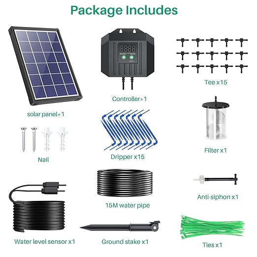 NFESOLAR 4W Solar Powered Automatic Drip Irrigation Kit with LCD Timer, Customizable Watering Duration 1–30min & Interval 3h–7d, Solar Irrigation System for 15 Potted Plants, Garden, Patio, Vacation