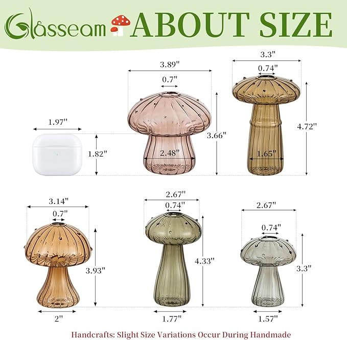 Glasseam Colored Mushroom Plant Terrarium: Glasseam Hand-Blown Glass Propagation Stations - Small Hydroponic Jars for Home Table Window Autumn Decor - Gifts for Plant Lovers (10Pcs)