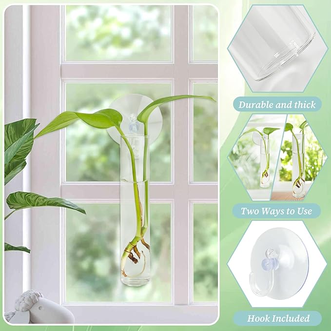 4PCS Wall Hanging Planter Propagation Stations, Plant Tube with Suction Cup Hook, Test Tube Propagation Station Wall Clear Plant Vase No Nails with Bottle Brush Flower Plant Terrarium