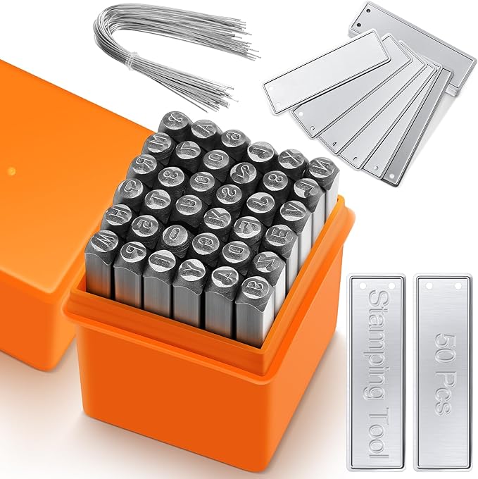 Hicarer 86 Pcs Steel Metal Stamping Set 1/8''(3mm) with Aluminum Plant Label, Steel Number and Letter Stamp Tool Kit Double Sided Write Metal Tags for DIY Making Jewelry Craft Stamping