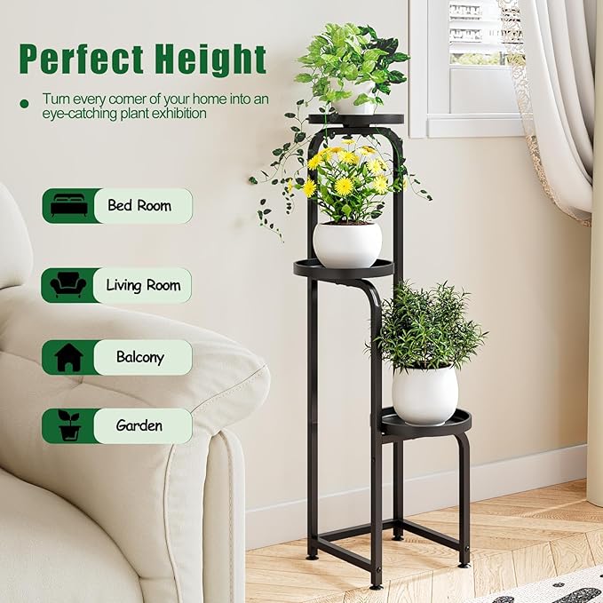 INGIORDAR Plant Stand Indoor Outdoor 3 Tier Metal Plant Shelf for Multiple Plants Corner Flower Holders for Living Room Balcony Bedroom Patio Garden, Black (Black, 3-Tier)