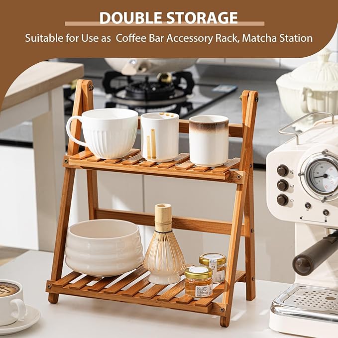 Yalikop Matcha Station Shelf, 11.8'' Coffee Station Organizer, 2 Tiers Bamboo Mug Holder Countertop, Desktop Flower Pot Rack for Home Living Room Window Sill Foldable Display Storage Shelf(Brown)