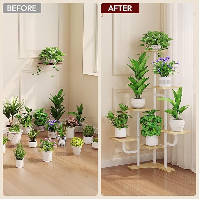 Homsorout Corner Plant Stand with Grow Light - 6 Tier Plant Stand Indoor Square Metal Plant Shelf with Adjustable Light, Plant Organizer for Living Room, Graden, Home Decor (Maple)