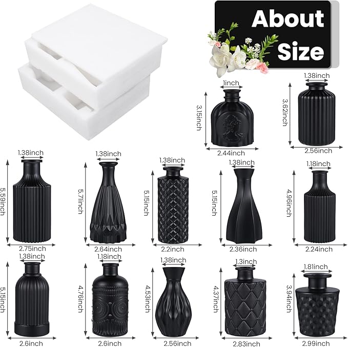 TBWIND 12pcs Glass Black Bud Vases Set, Small Vases for Flowers, Bud Vase for Centerpieces in Bulk, Mini Vintage Vase for Rustic Wedding Decorations, Office and Home Table Flower Décor