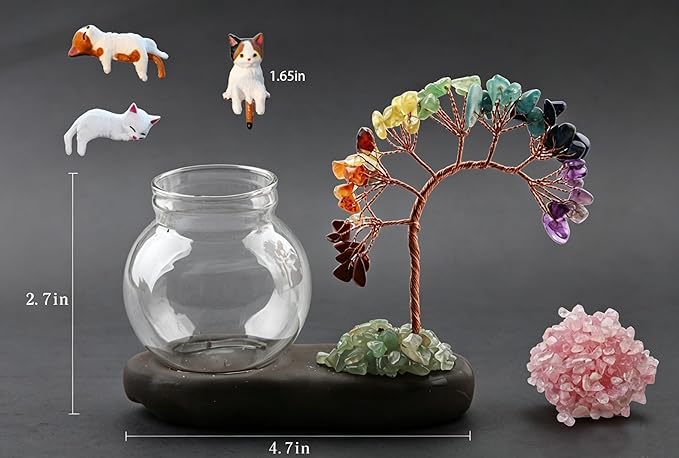 Plant Propagation Station, Chakra Crystal Tree Hydroponic Glass Container Vase Jars with Cute Cat Figurine, Home Office Desks Aesthetic Decorations, Gift for Women Plant Lovers and Cat Lover