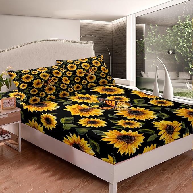 Feelyou Sunflower Bed Sheets Set Queen Girls Yellow Floral Butterfly Sheet Set for Kids Women Bedroom Chic Flowers Pattern Bedding Set Botanical Nature Bedding Ultra Soft Twin Size with 2 Pillow Case