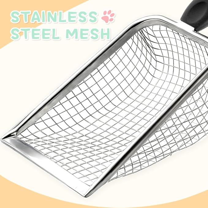 Cat Litter Scoop - Long Handle Scooper, Rustproof Stainless Steel Mesh, Non-Slip Grip, Deep Shovel Sifter for All Litter Types, Easy Clean Kitty Waste Litter for Litter Box(Black)