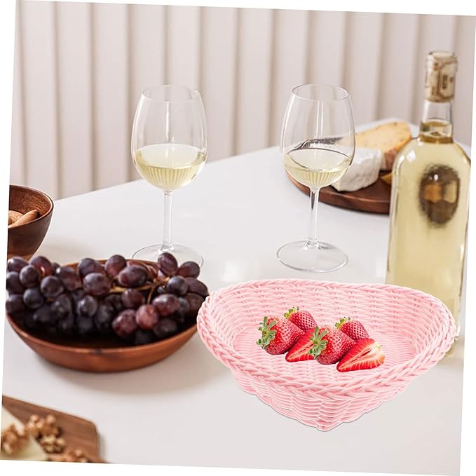 3pcs Love Rattan Basket Candy Dried Fruit Basket Storage Woven Serving Shaped Bread Serving Tray Planter Tray Desk Seagrass Woven Box Pp Pink Portable