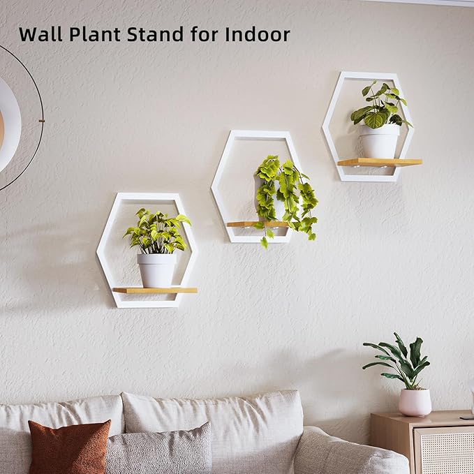 3 Pack Solid Wood & Heavy Duty Metal Wall Plant Stands,9 inch Natural Wood Shelf, Boho Arch Hanging Planter for Indoor 25 LB Load for Plants White