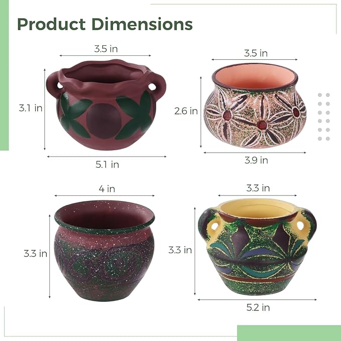 4 Pcs Ceramic Plant Pots, 5.1/4 / 5.2/3.9 in Small Succulent Pots with Drainage Hole, Decorative Flower Pots, Bohemian Style Indoor Pots Set for Home Decor