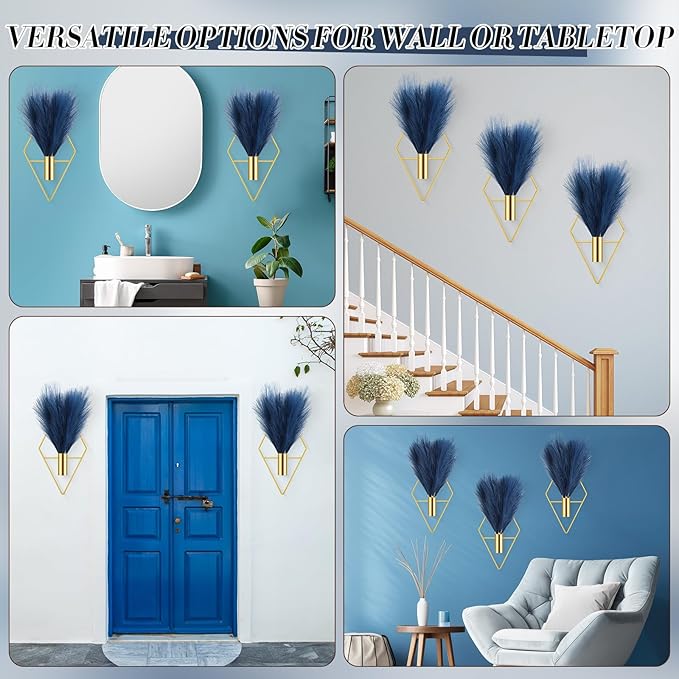 Hanaive 4 Sets Boho Wall Decoration Metal Wall Art Hanging Planters with Artificial Pampas Display Modern Home Vase for Bedroom Home Office (Soft,Dark Blue)