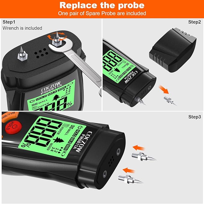Wood Moisture Meter, with battery and LCD display, suitable for quick determination of moisture content of many types of logs, paper, plywood, plaster walls, floor coverings, etc.