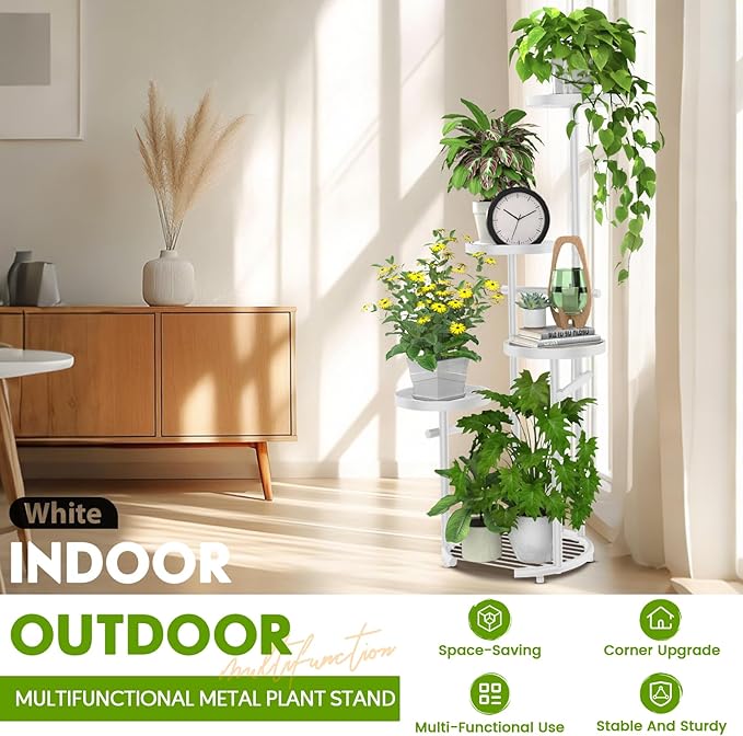 TOSKING 5-Tier Metal Plant Stand, Anti-Tip Round Base for Pots, Child & Pet Friendly, Space Saving Corner Shelf Flower Pot for Indoor Outdoor Use, Living Room Balcony Patio Garden (White, 38in)