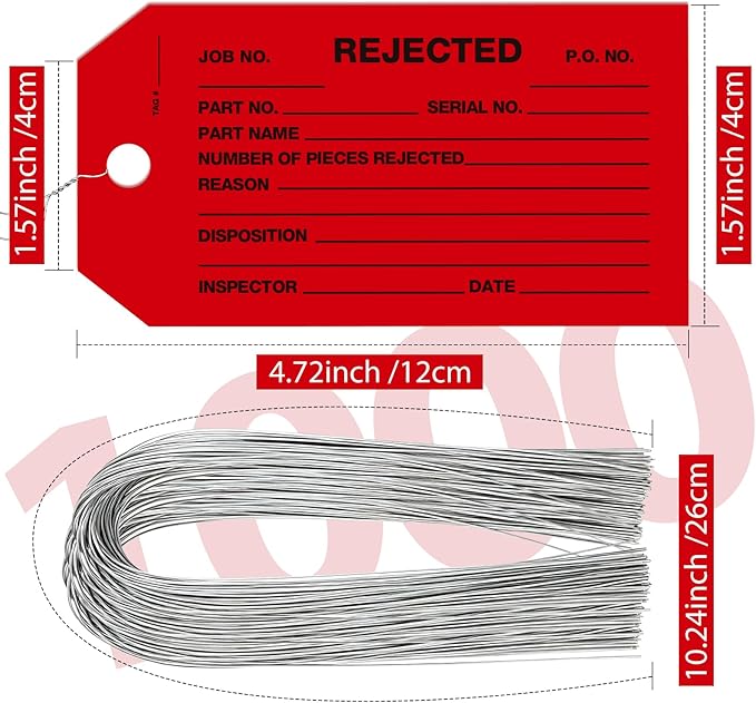 1000 Pack Rejected Tags with Wire - Red Defective Product Inspection Tags, Cardstock 4-3/4" x 2-3/8" for Manufacturing Quality Checks